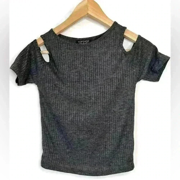Topshop Women’s Grey Ribbed Sleeve Cut Out Punk Grunge Short  Sleeve Shirt Small - Picture 2 of 9